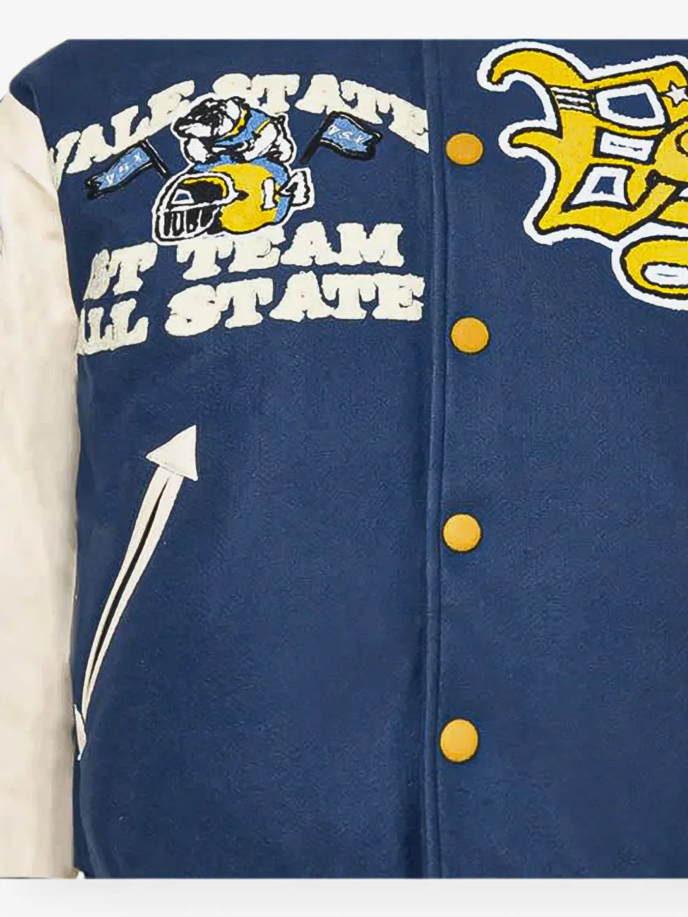 Close-up of a varsity-style jacket front panel in dark blue, with yellow buttons, white embroidered text reading 'Vale State' and 'Team All State,' a football mascot graphic, and a large yellow-and-white letter embroidery on the right side.